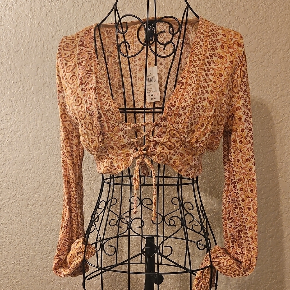 Windsor Paisley Lace-Up Crop Blouse